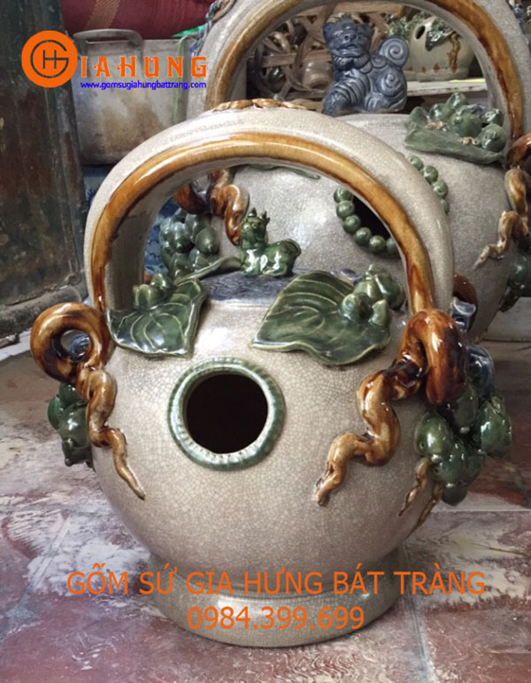 Bình vôi men rạn đắp trầu cau size đại cao 52cm