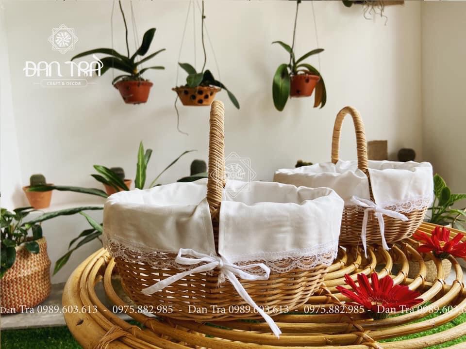 Giỏ Mây Picnic Lót Vải ĐAN TRÀ, Giỏ Mây Decor Đựng Đồ, Làn Mây - Đạo Cụ Mây Tre Đan- Mây Tre Đan Decor