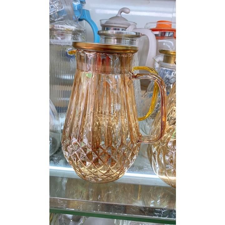 Bình đựng nước uống thủy tinh vàng vân kim cương hạt nhỏ