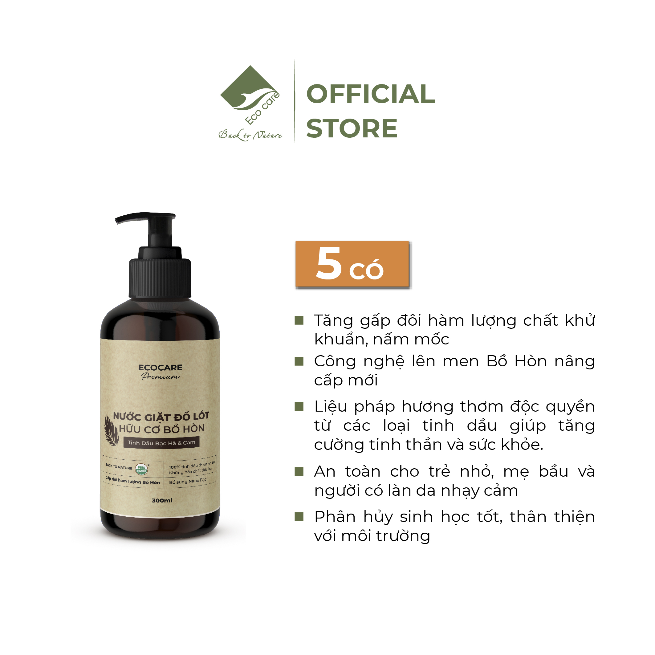 Nước Giặt Đồ Lót Hữu Cơ ECOCARE 300ml Giảm 99% Vi Khuẩn, Tẩy Ố Hiệu Quả, Hương Cam Bạc Hà Thơm Mát