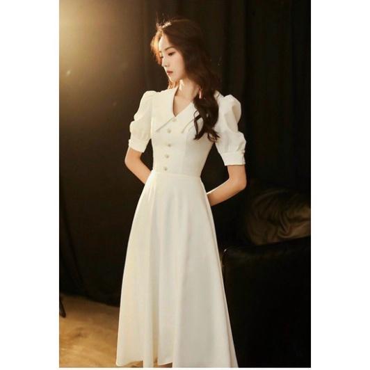 Đầm xoè công sở cổ V phối nút tay ngắn phồng - size M/L/XL đi biển dự tiệc dạo phố bigsize gợi cảm sexy