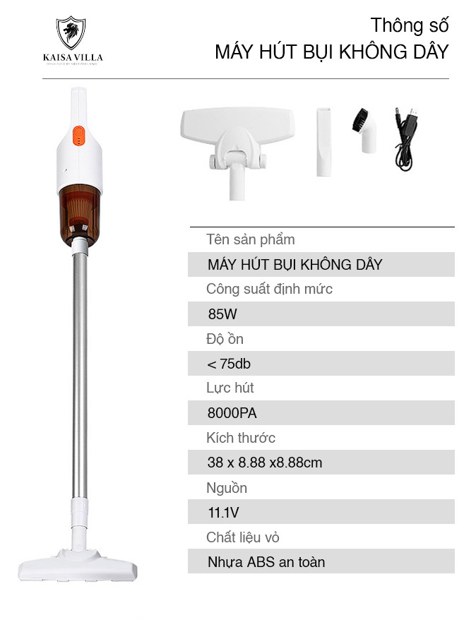 Máy Hút Bụi Không Dây Cầm Tay Kaisa Villa JD-8075, Robot Vệ Sinh Sàn Nhà, Sàn Ô Tô, Thảm Chân - Hàng Chính Hãng