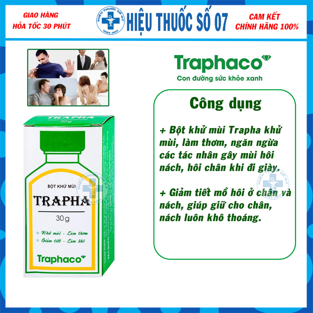 Bột khử mùi Trapha Traphaco hỗ trợ khử mùi, làm thơm, ngăn ngừa mùi hôi nách, hôi chân khi đi giày (30g)