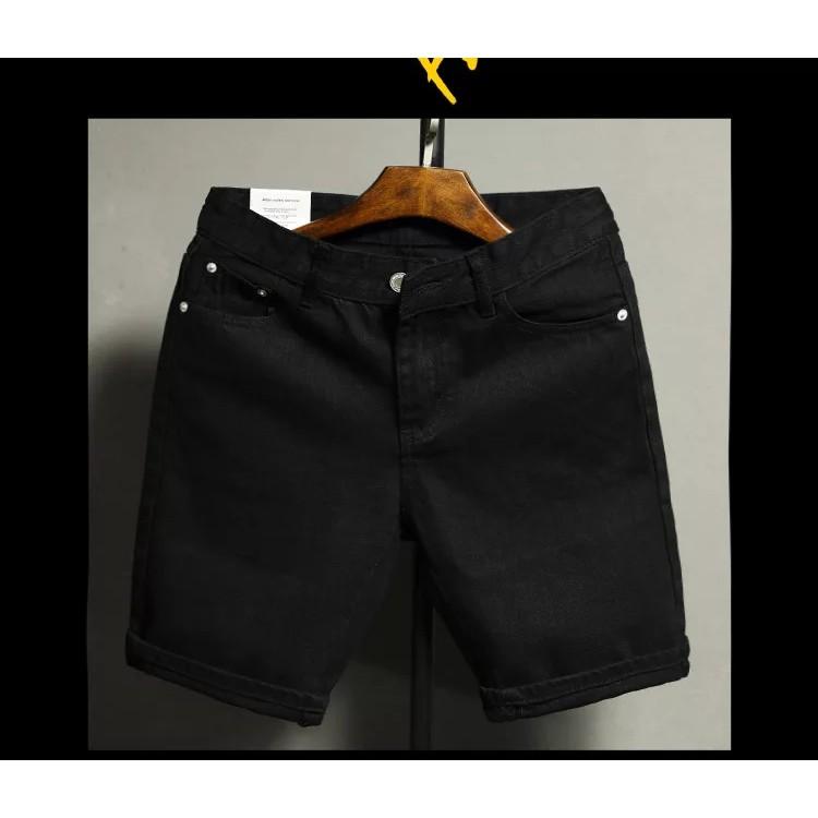 Quần short jean nam đen trắng trơn rách xước Vải dày dặn co giãn tốt