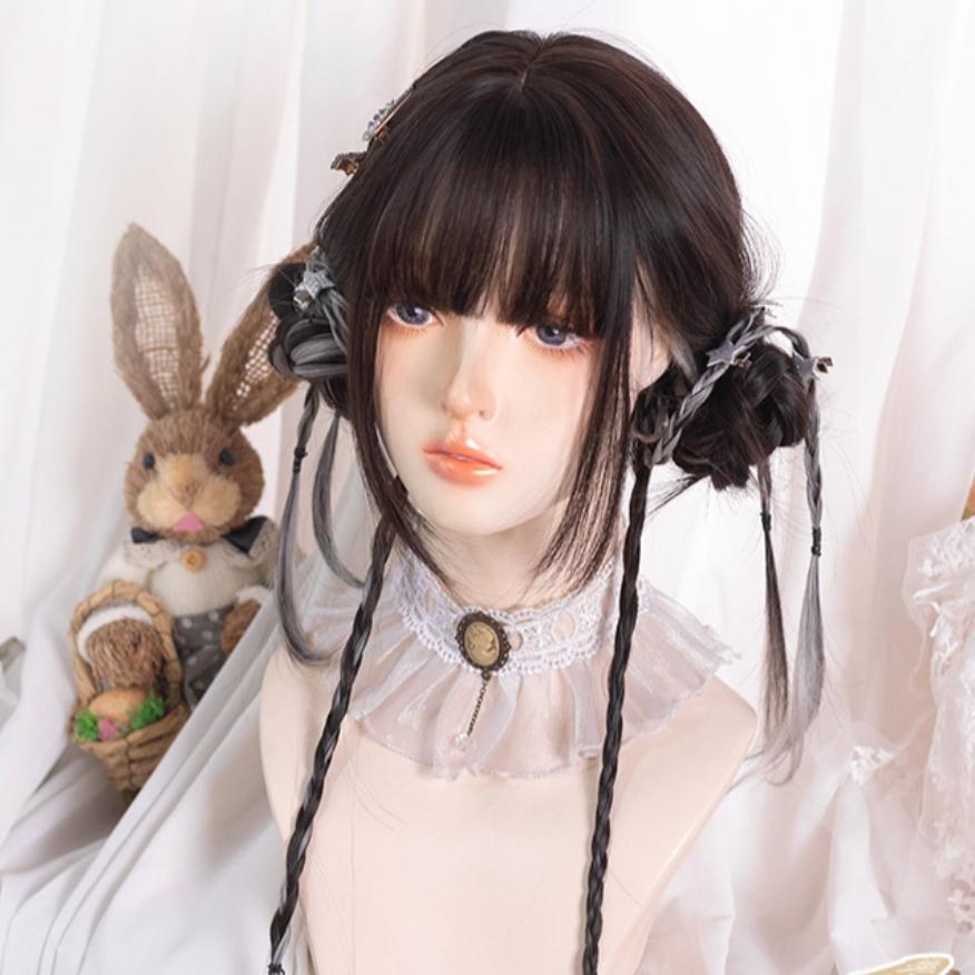 [Sẵn] Wig/Tóc giả nữ sinh nhuộm hai lớp trắng xám mix nâu đen - M28 Nguyên đầu teen/lolita [Miu Cosplay