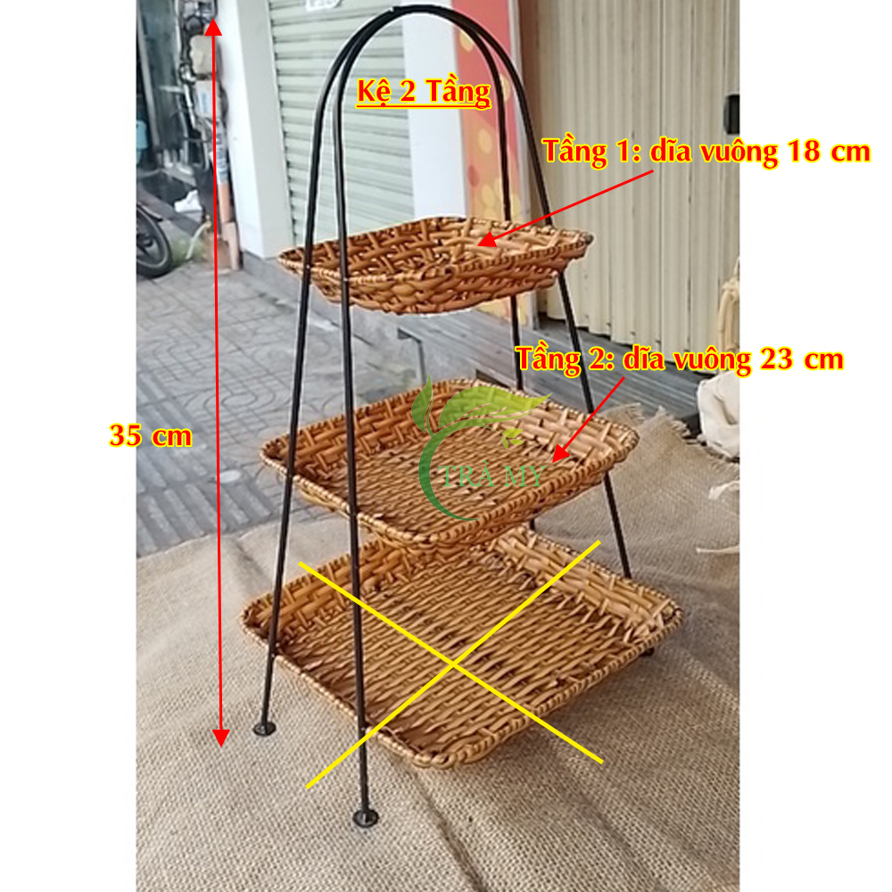 Kệ Dĩa Vuông 2 Tầng và 3 Tầng Khung Sắt Nhựa Đan Giả Mây Bền Chắc Đựng Bánh Kẹo Trái Cây Trang Trí