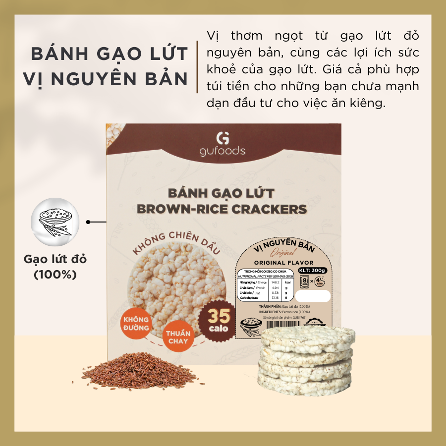 Bánh gạo lứt ăn kiêng GUfoods - Phù hợp Eat clean, Thực dưỡng, Tập Gym, Kiểm soát cân nặng, Thuần chay