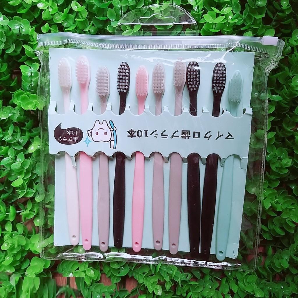 Set 10 Bàn Chải Đánh Răng Hàn Quốc Có Nắp Tặng Kèm Túi Zip Kháng Khuẩn