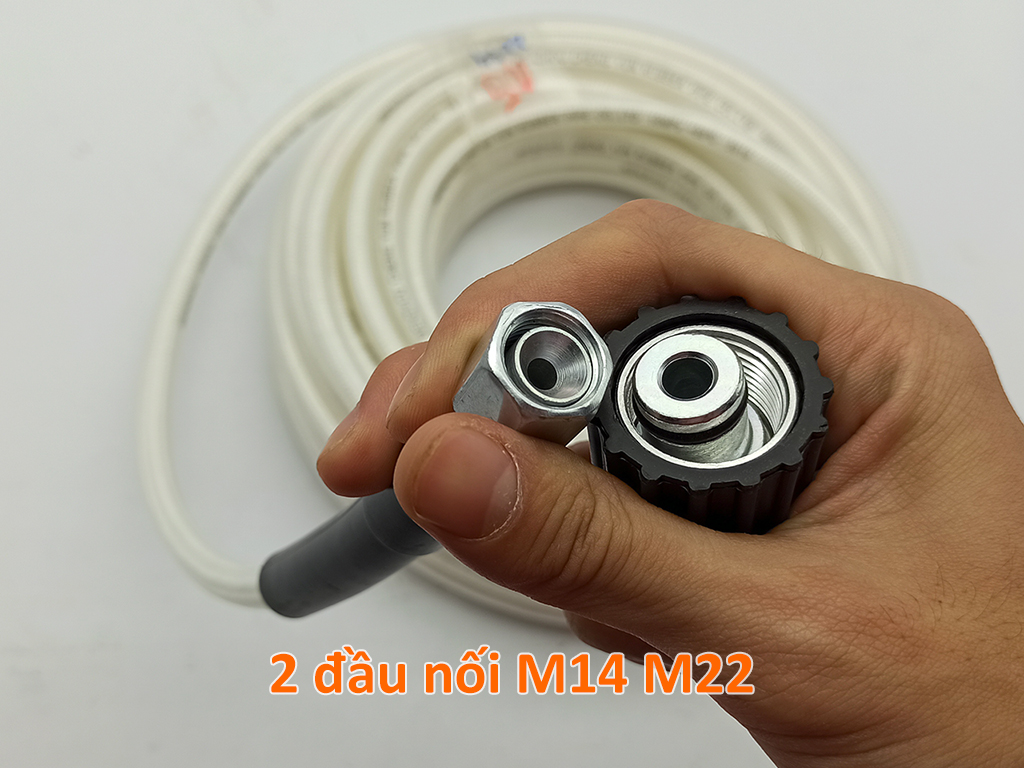 Dây rửa xe áp lực 16MPa 20m, lõi nhựa bọc dù, một đầu ren trong to M22, một đầu ren trong nhỏ M14