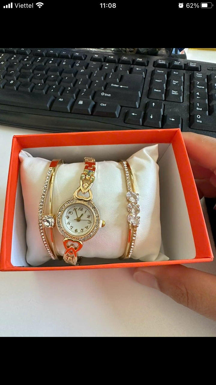 Bộ   đồng hồ 3 món , mặt tròn màu trơn trang trí kim cương nhân tạo , phong cách thanh lịch thời trang cho nữ