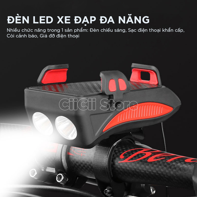 Đèn Pha LED Xe Đạp Siêu Sáng Chống Nước Có Sạc Điện USB Kèm Giá Đỡ Điện Thoại Và Còi Xe Đạp, Hỗ Trợ Sạc Lại Điện Thoại Khẩn Cấp Hàng Nhập Khẩu