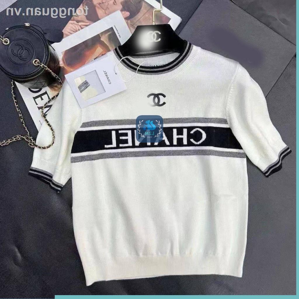 Áo len nữ Montoghi dệt kim Quảng Châu cổ tròn IN CHỮ NGANG logo phối viền sang trọng