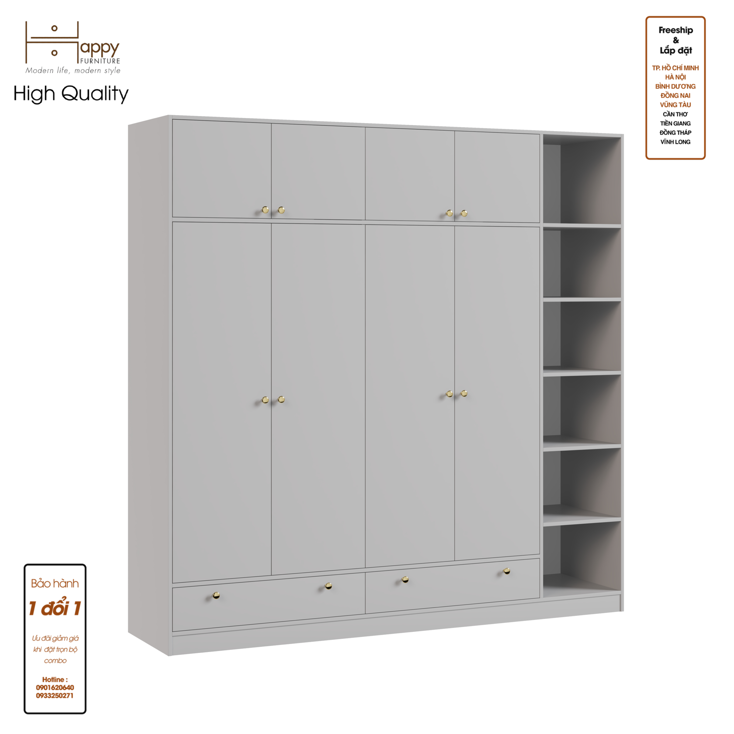 [Happy Home Furniture] ELEGANT, Tủ quần áo 4 cửa mở 2m2x2m2 , 220cm x 54cm x 220cm ( DxRxC), TCM_045