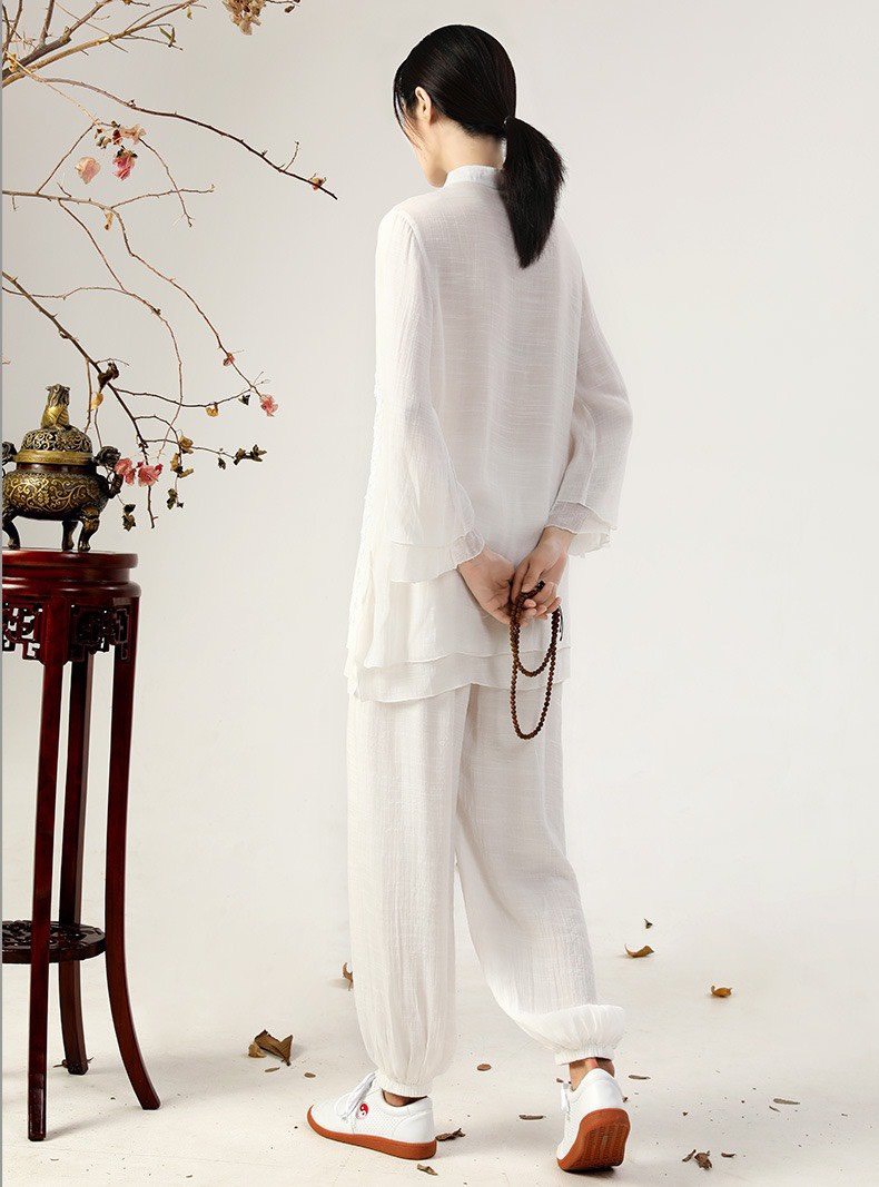 Đồ lam đi chùa, đồ thiền, yoga cao cấp - Bộ nữ cổ tàu ống bo màu trắng. Thiền Chay
