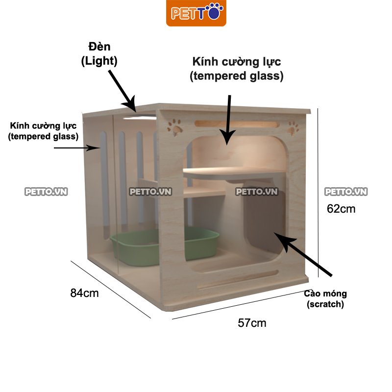 Tủ mèo bằng gỗ nhà mèo HIỆN ĐẠI kết hợp hệ thống ĐÈN LED sang trọng mang lại không gian sống tiện nghi CC014