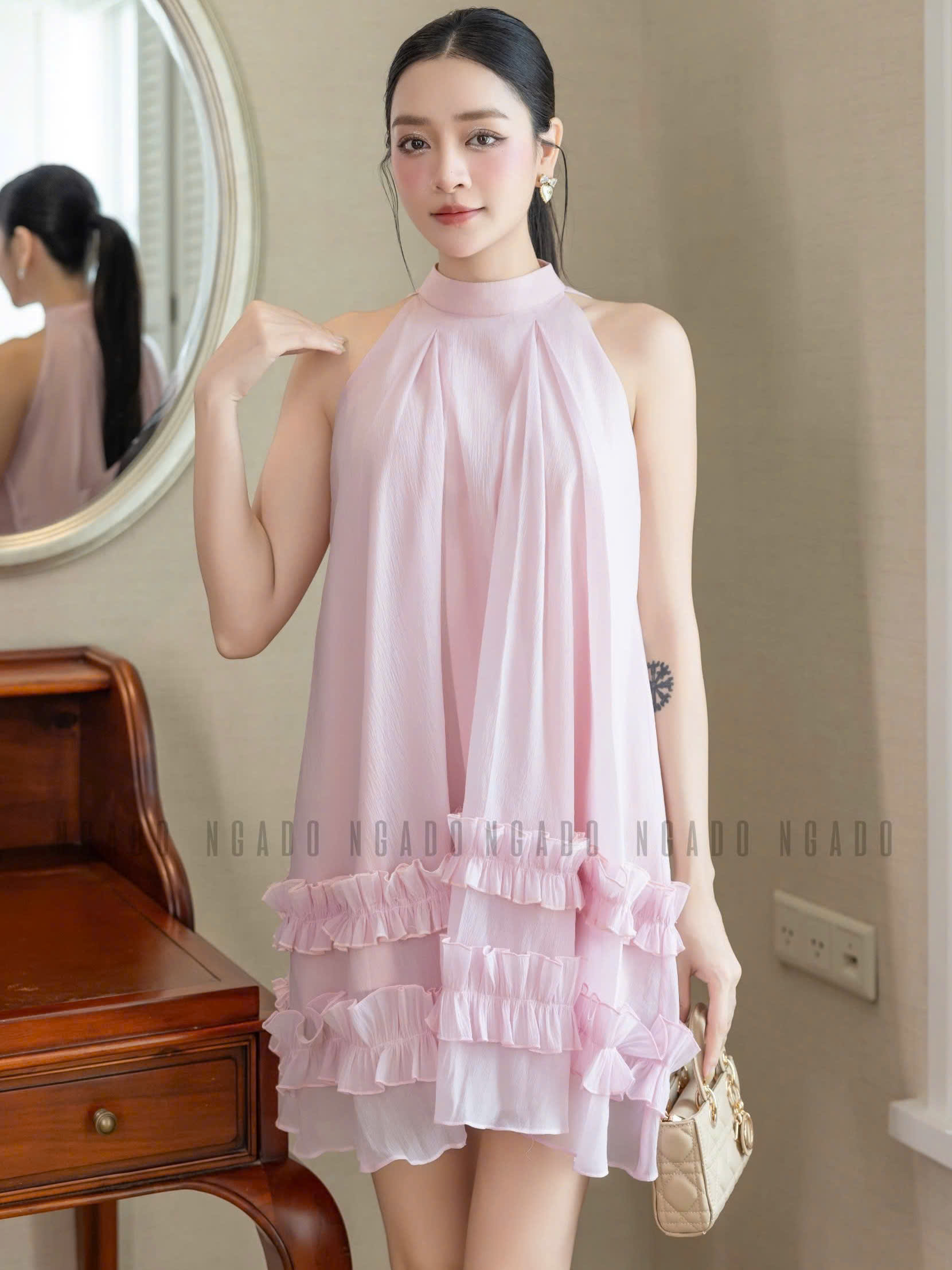 Đầm yếm hồng phối bèo NGADO , đầm dáng yếm , đầm suông