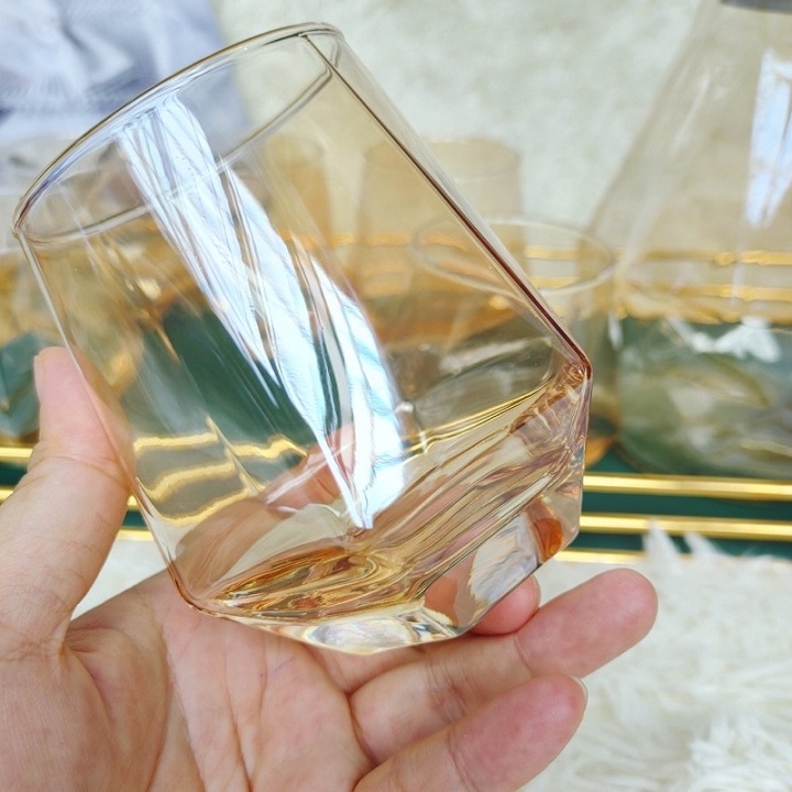 Bộ 6 Cốc Thủy Tinh Kim Cương Lục Giác Màu Vàng Chịu Nhiệt Cao Cấp