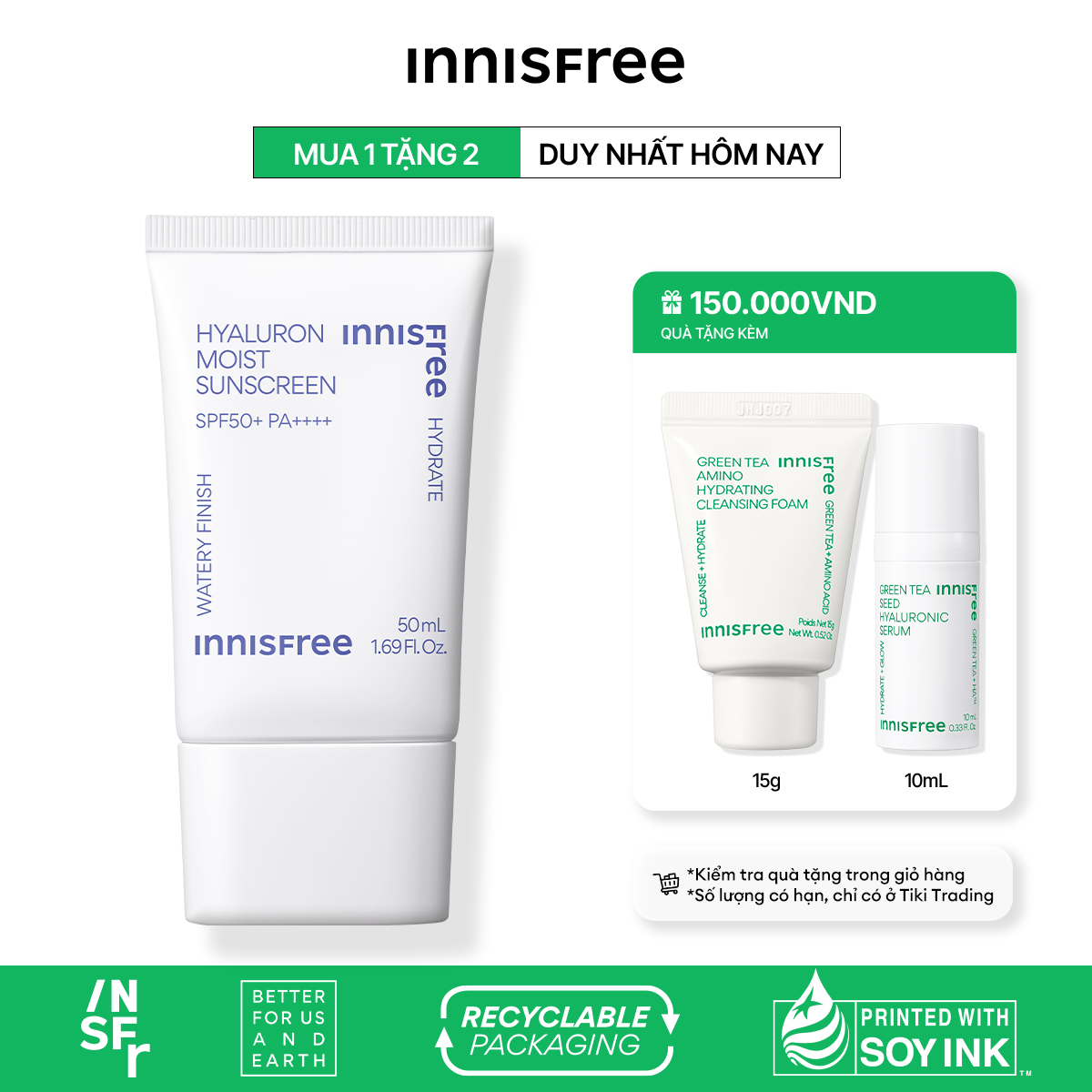 Kem chống nắng dưỡng ẩm &amp; cải thiện nếp nhăn innisfree Hyaluron Moist Sunscreen Essence Texture SPF50+ PA++++ 50 mL