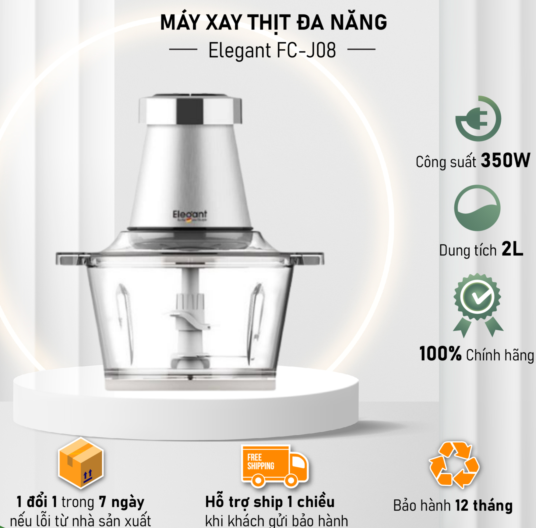 Máy Xay Thịt Đa Năng Elegant FC-J08, Máy Xay Đồ Ăn Dặm Cho Bé,2L, 350W, Cối Thủy Tinh, Lưỡi Thép Không Gỉ, Nhập Đức