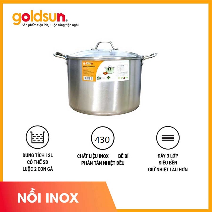 Nồi luộc gà inox đáy 3 lớp đường kính 30 cm vung kính Gold.sun Cao Cấp