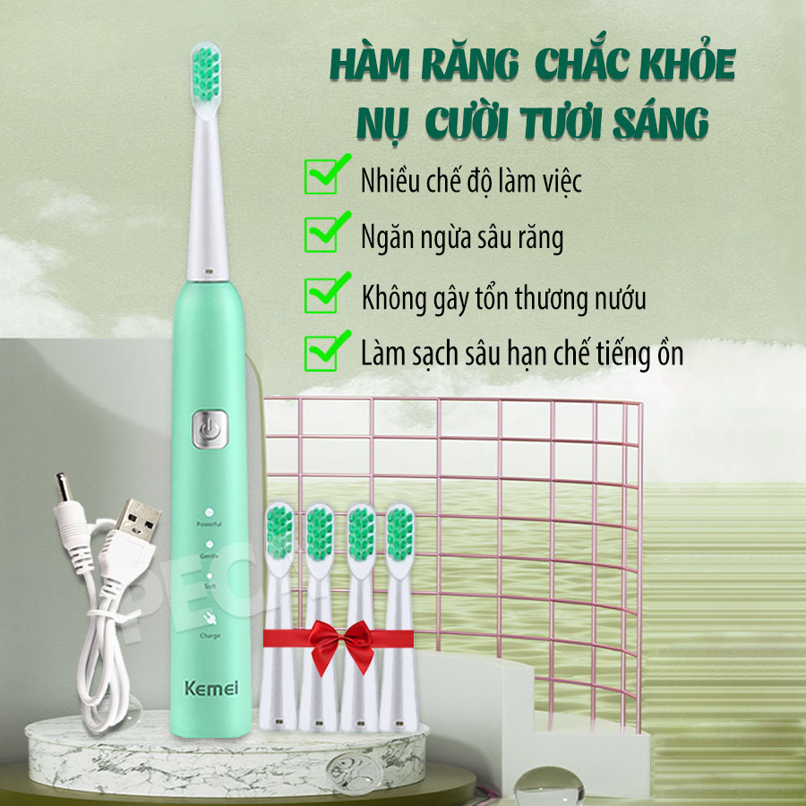 Bàn chải đánh răng điện KEMEI KM-713 công nghệ rung siêu âm 31000 lần/ phút điều chỉnh 6 chế độ đánh bay mảng bám sạch sâu gấp nhiêu lần so với bàn chải thủ công + Tặng kèm 5 đầu bàn chải thay thế - Hàng chính hãng