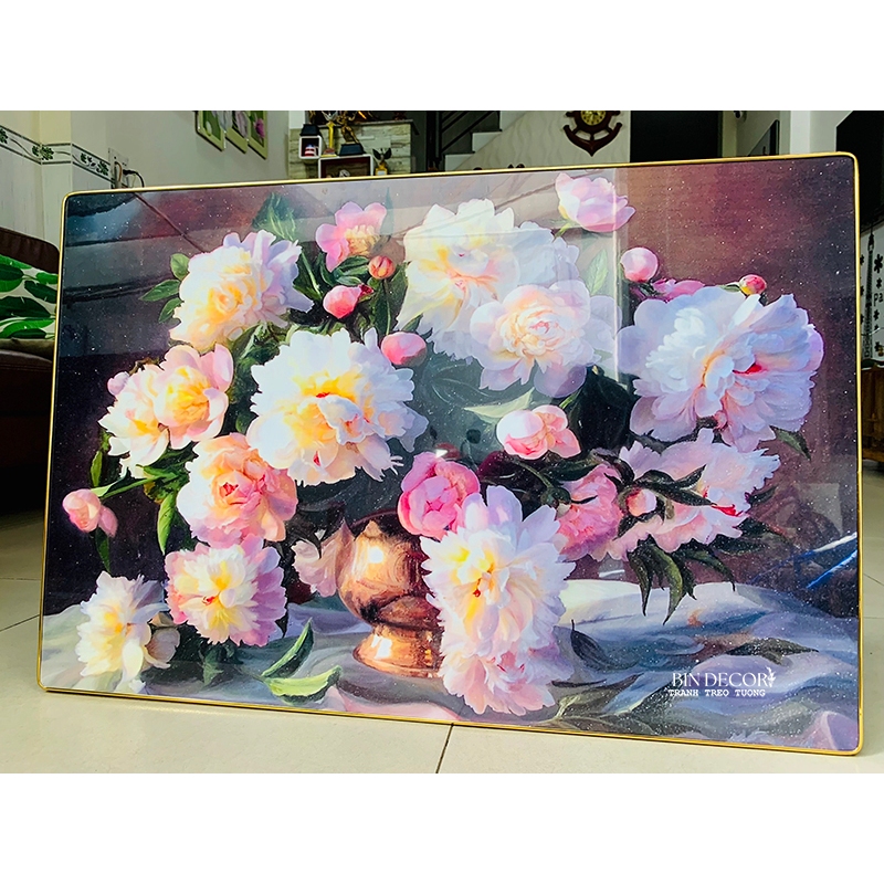 (ẢNH THẬT) Tranh treo tường bình hoa hồng 4 tráng gương bo viền kèm đinh treo