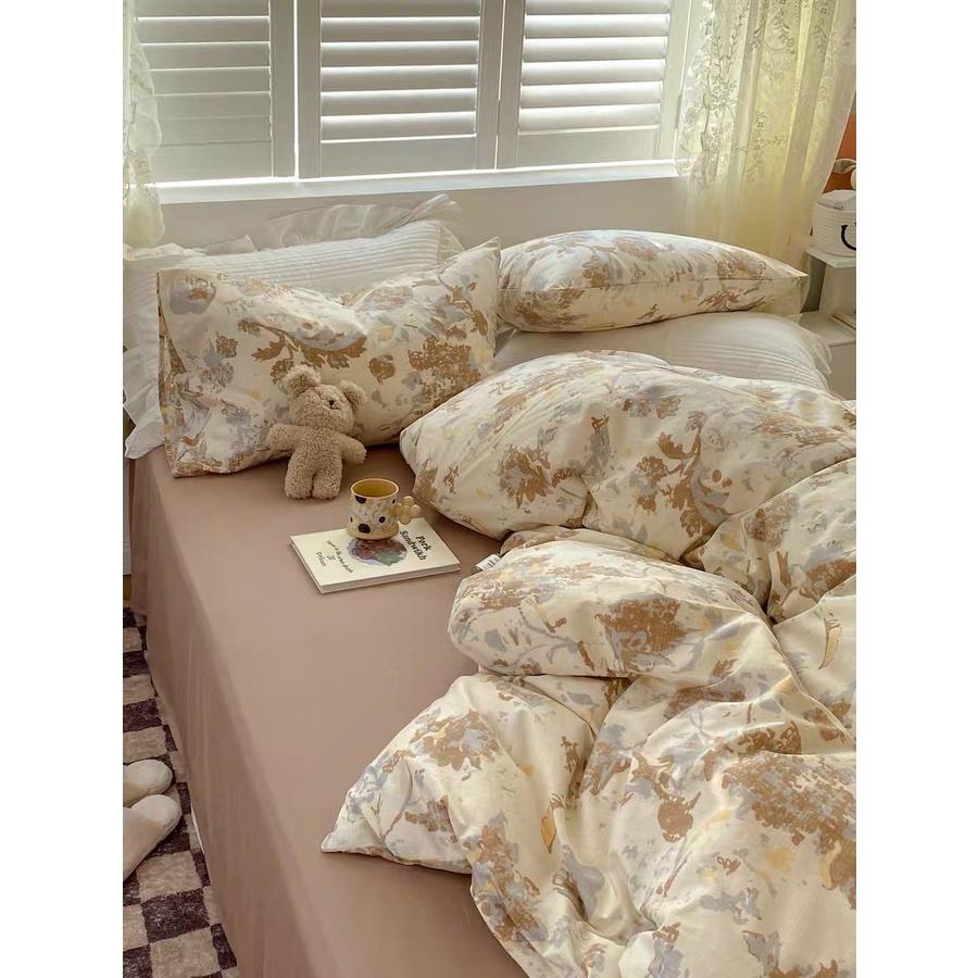 Bộ Gra Nệm Cotton Lụa Hàn Quốc Cao Cấp 5 món hoạ tiết hoa lá chất liệu mềm mát 1m2 1m4 1m6 1m8x2m