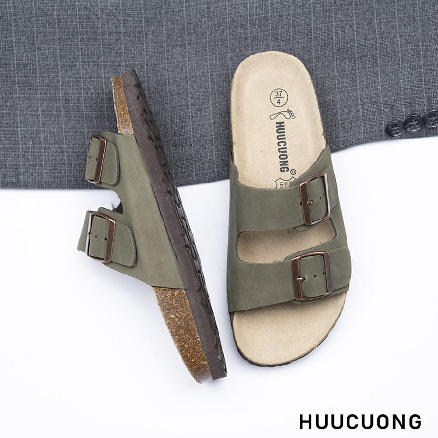 Dép unisex HuuCuong 2 khóa Da Bò xanh đế trấu