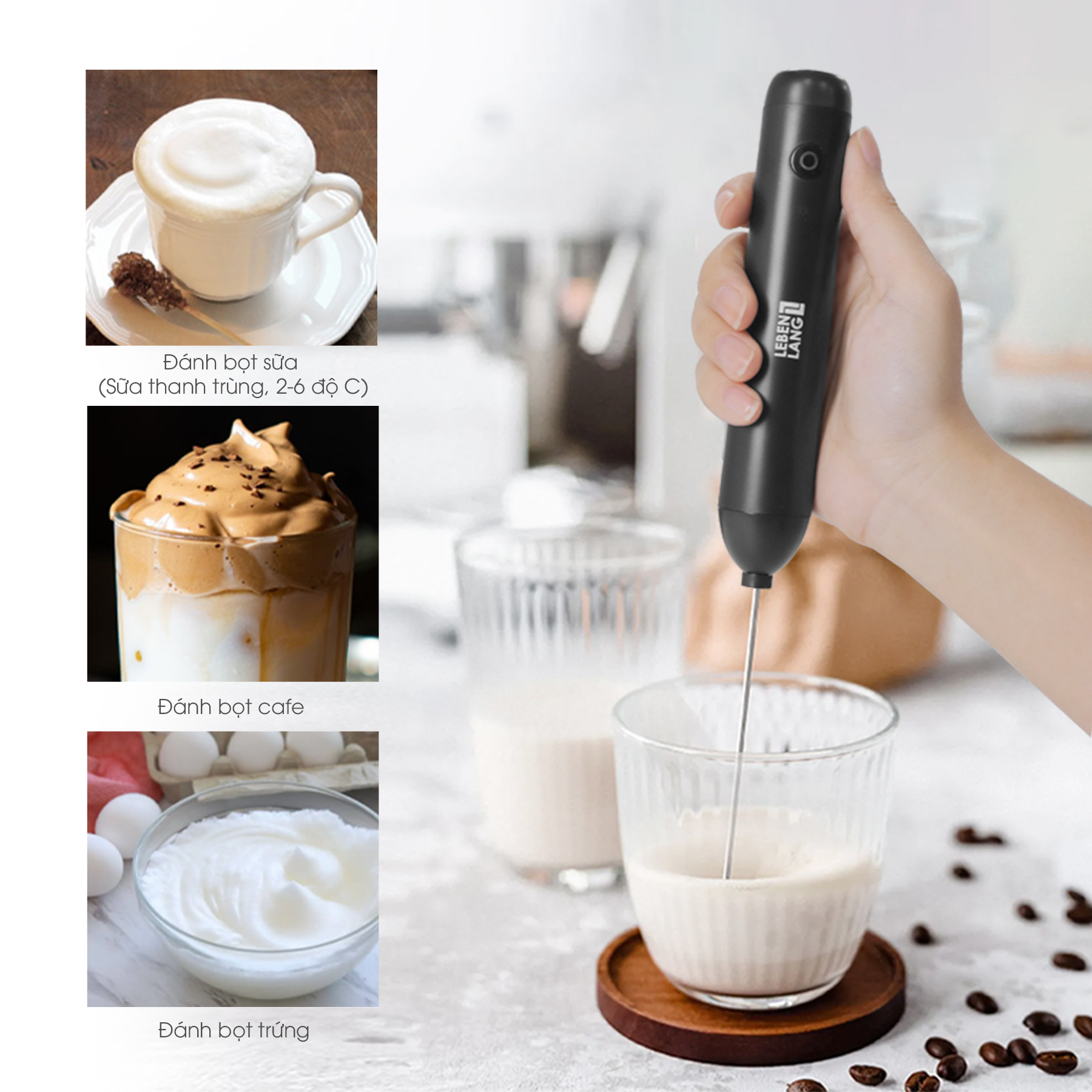 Hình ảnh Máy đánh trứng đánh bọt cafe cầm tay mini Lebenlang LBL4588, 2 tốc độ, sạc pin usb tiện dụng - hàng chính hãng