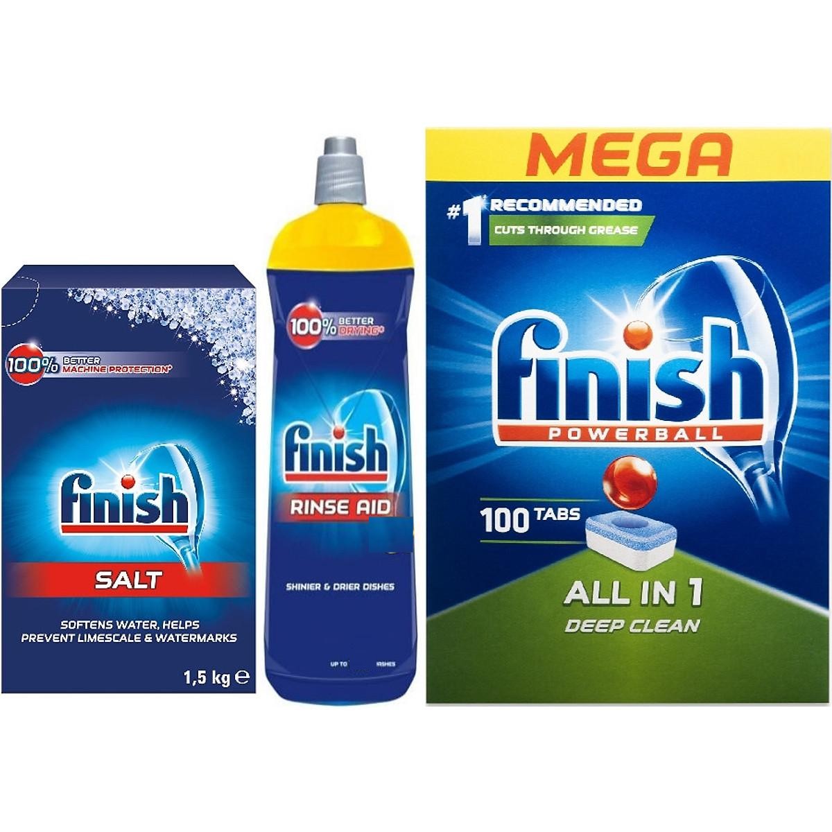 combo Viên rửa bát finish all in one 100 viên+Dung dịch Nước làm bóng finish 750ml +Muối rửa bát finish 1.5kg cho Máy rửa bát