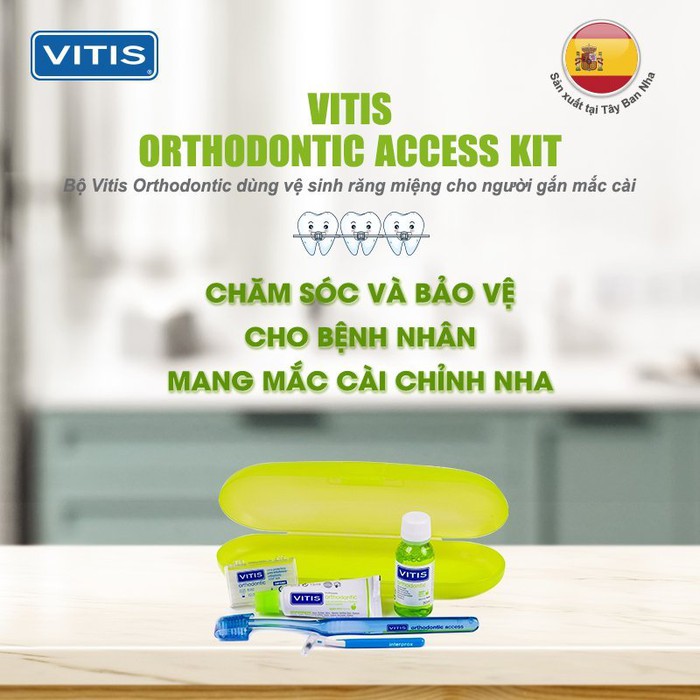 Bộ sản phẩm chăm sóc răng chỉnh nha, gắn mắc cài Vitis Orthodontic Access Kit 5 món (Bàn chải + Kem đánh răng 15ml + Nước súc miệng 30ml, cây chải kẽ răng 1.3mm, sáp giảm đau)