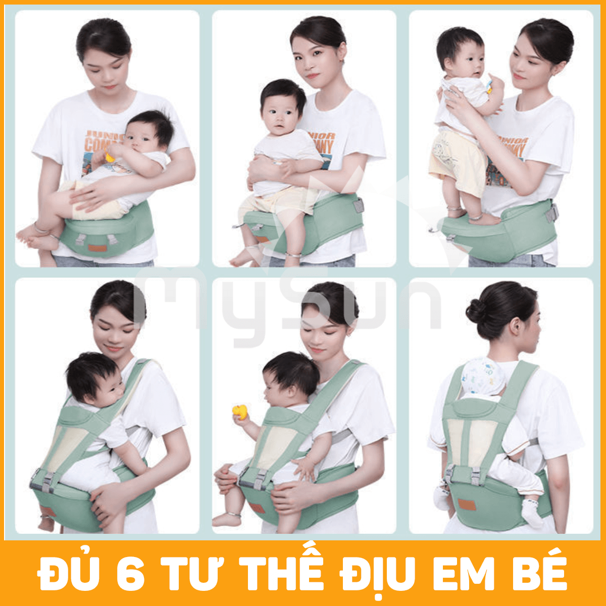 Đai địu vải lưới có bệ ngồi 4 tư thế cho trẻ sơ sinh, em bé 1 2 3 … 36 tháng tuổi đi xe máy MySun