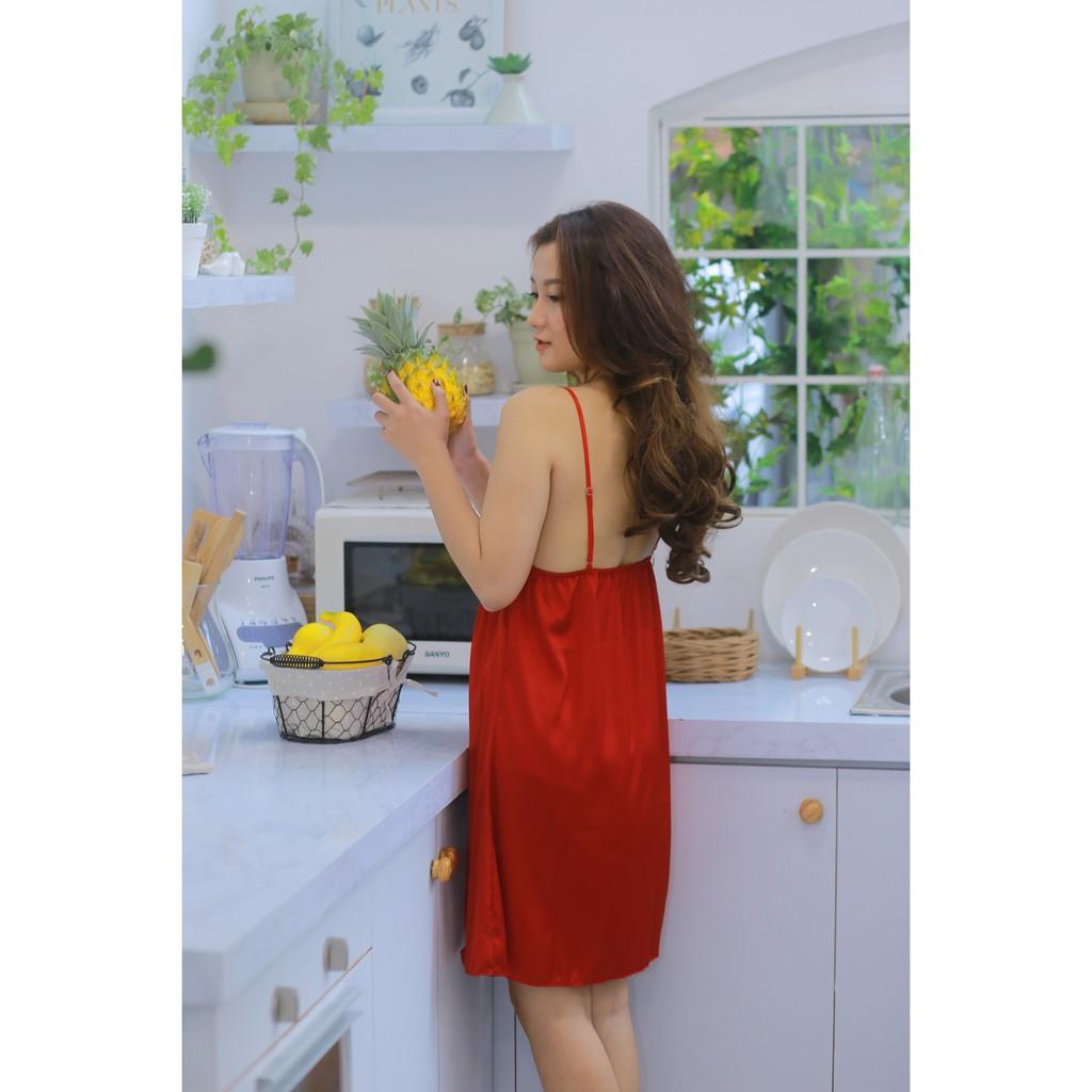 Váy ngủ lụa cao cấp phối ren xẻ ta-Màu đỏ