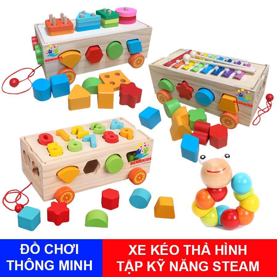 - Đồ Chơi Gỗ Thông Minh Xe Kéo Thả Hình Khối Kết Hợp Số-Đàn-Bảng Phân Loại