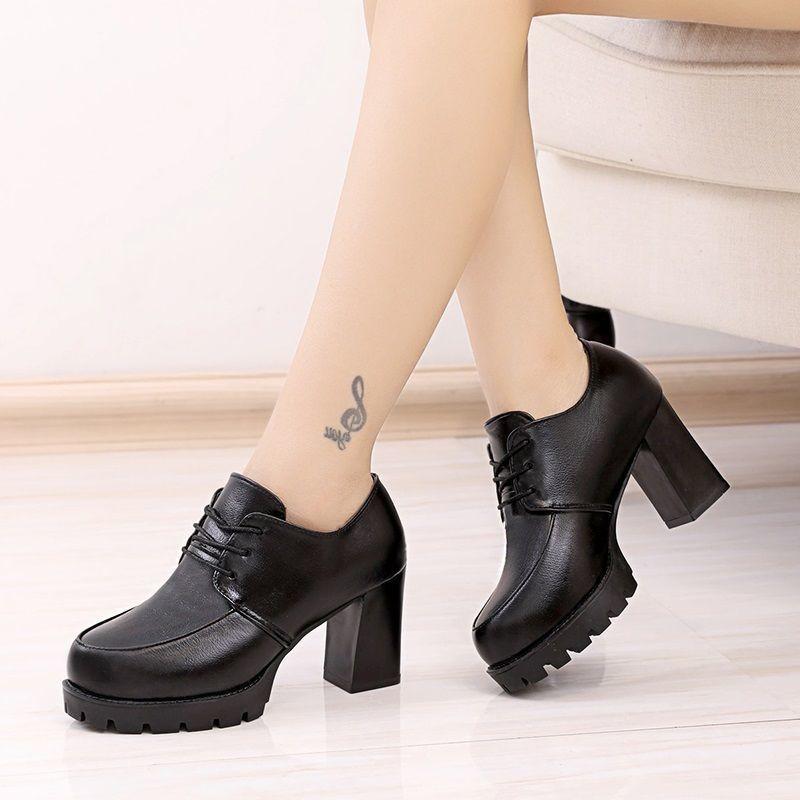 Giày boot nữ đế vuông 7 phân cột dây trơn cao cấp, bốt nữ gót vuông phong cách Korea S084