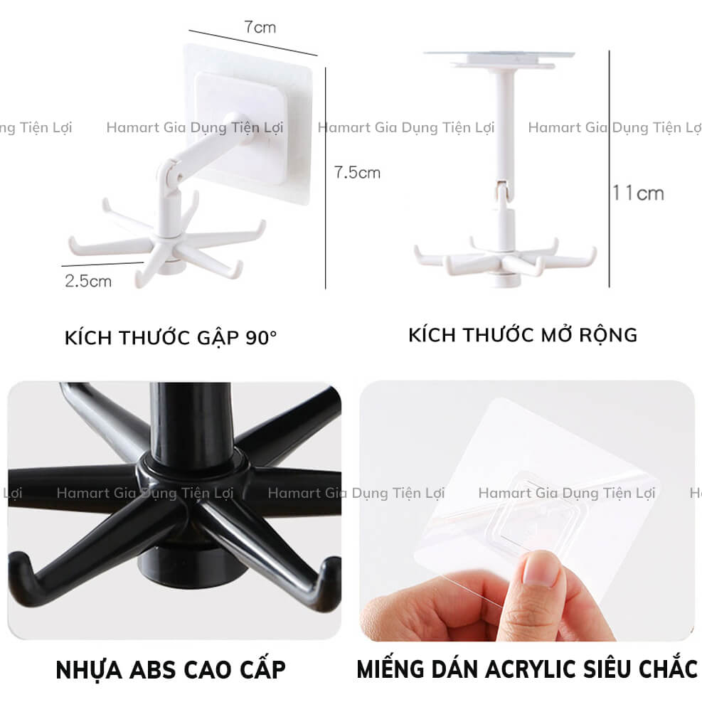 Giá Móc Treo Đồ Nhà Bếp Nhà Tắm Đa Năng 6IN1 XOAY 360° Kèm Miếng Dán Tường Siêu Dính