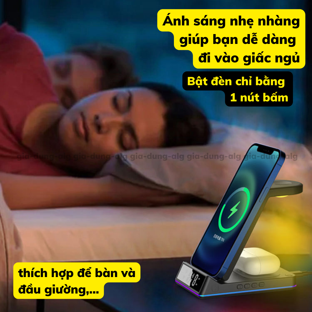 Đế Sạc Không Dây 15W 5 in 1 dành cho 1phone Android - Đế sạc nhanh không dây kiêm đồng hồ báo thức và đèn ngủ