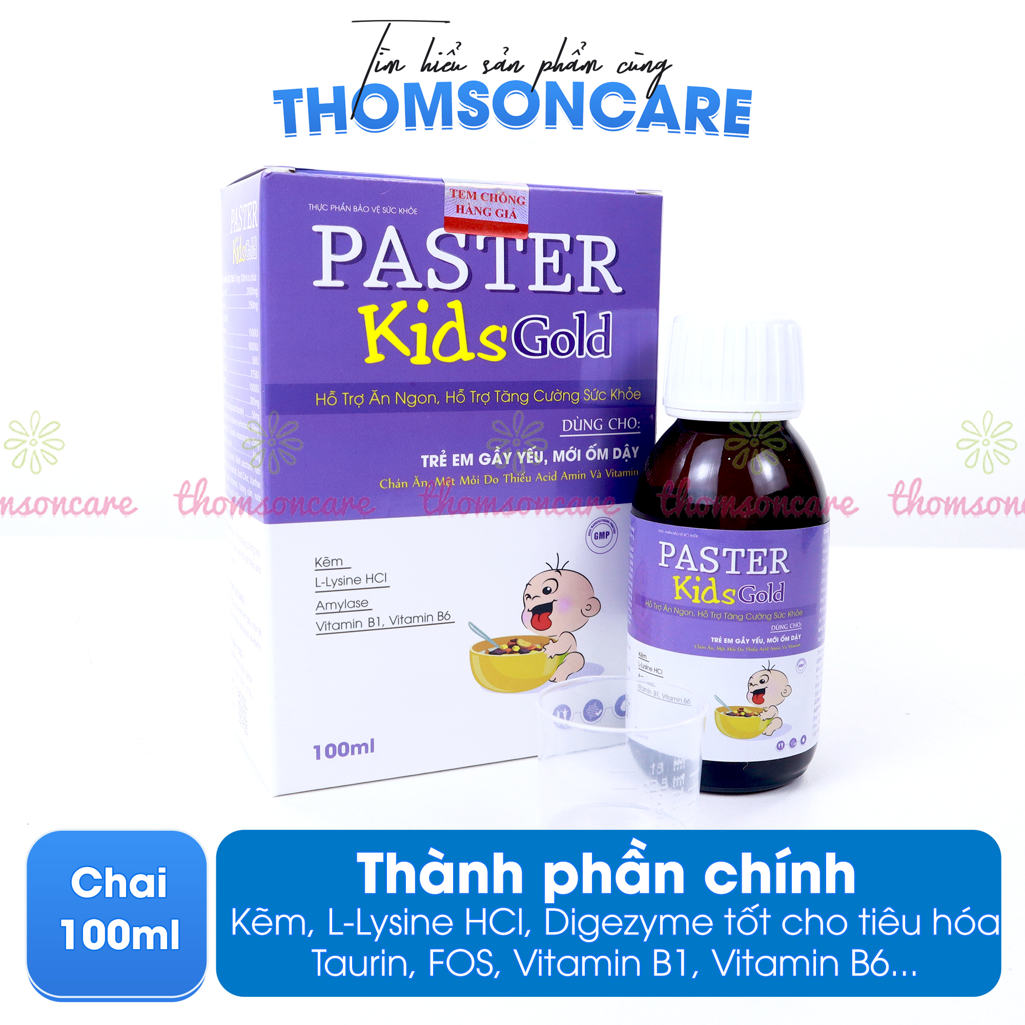 Siro ăn ngon Paster Kids Gold Sanofia - Hỗ trợ tăng sức đề kháng, ăn ngon miệng, giảm rối loạn tiêu hóa cho bé - Chai 100ml Thomsoncare