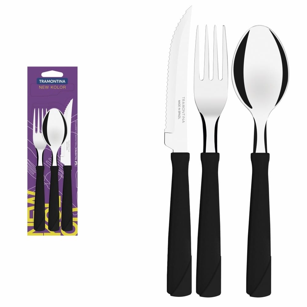 Bộ Dao Muỗng Nĩa Tramontina 3 Món Lưỡi Thép Không Gỉ Cán Nhựa Màu Đen SX Tại Brazil TRA23199.069
