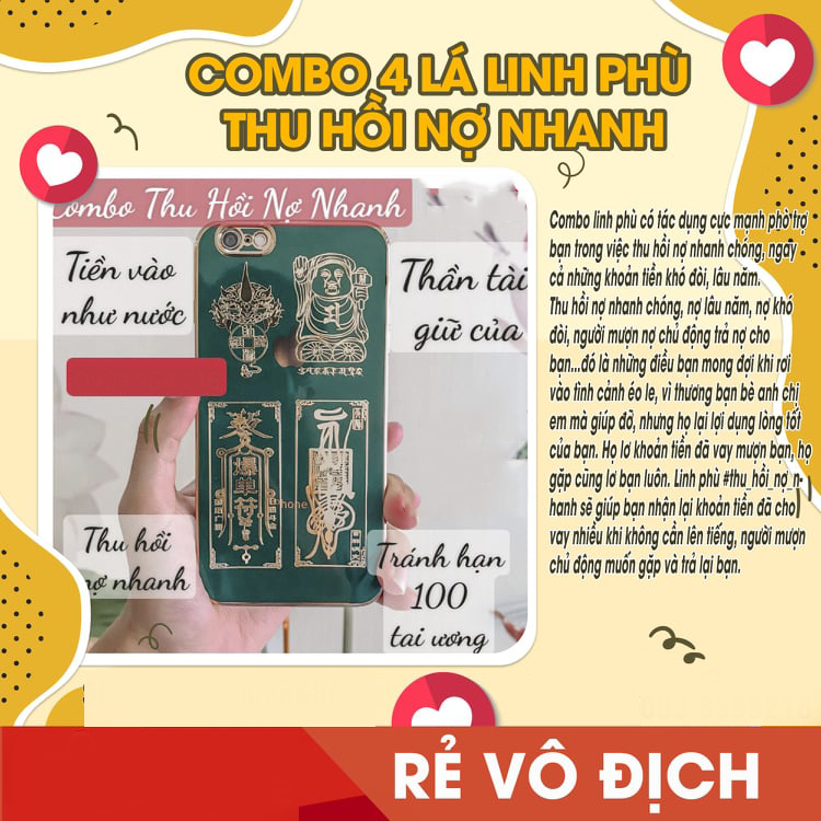 Combo 4 lá linh phù thu hồi nợ nhanh TIỀN VÔ NHƯ NƯỚC+THẦN TÀI GIỮ CỦA+THU HỒI NỢ NHANH+TRÁNH HẠN 100 TAI ƯƠNG. Để bóp ví, dùng làm miếng dán điện thoại, máy tính, nhà cửa, xe