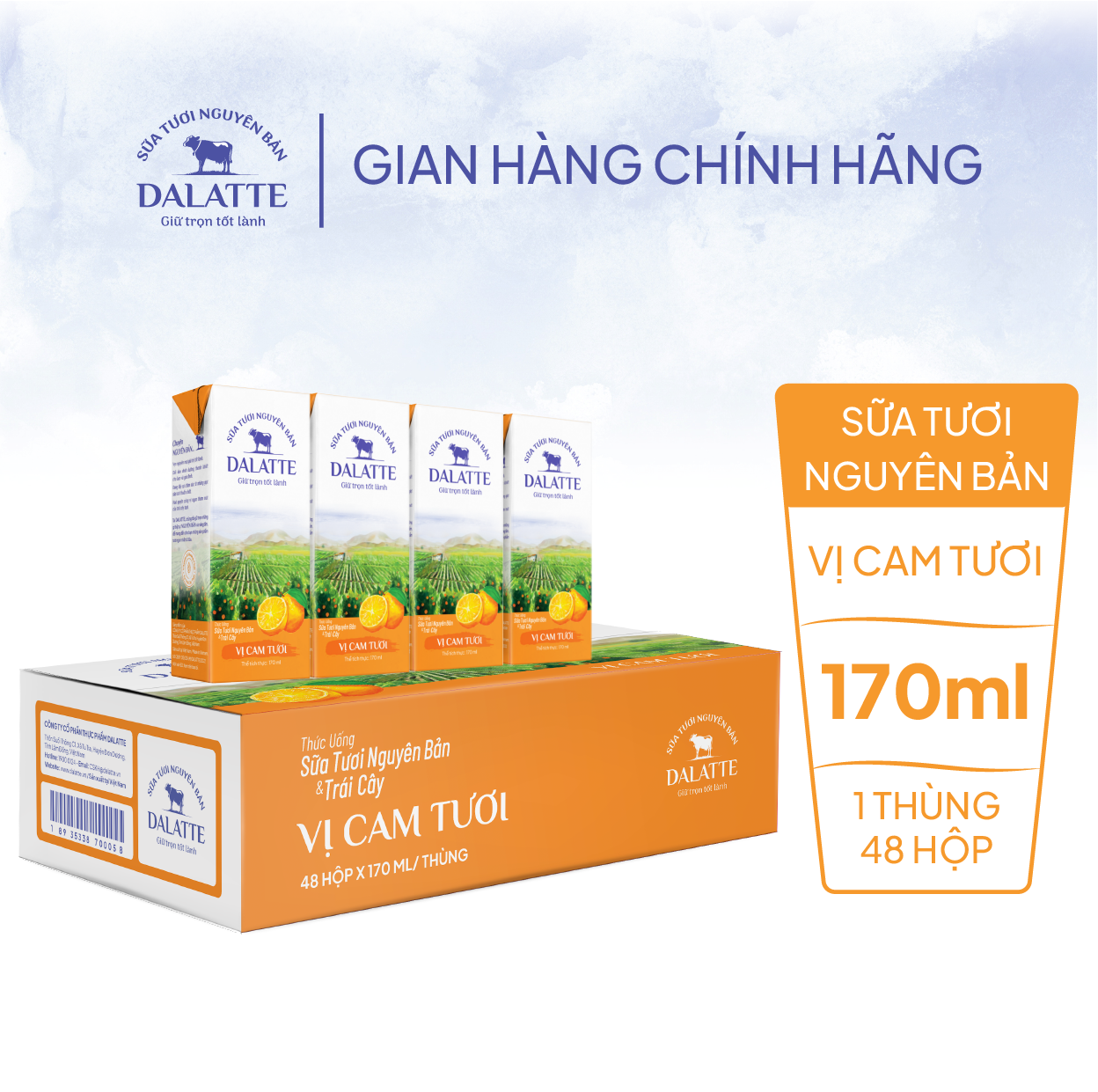 Thùng 48 hộp DALATTE 170ml SỮA TƯƠI NGUYÊN BẢN tiệt trùng - Vị