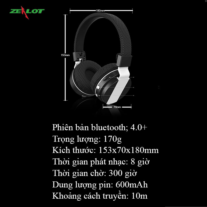 Tai nghe chụp tai bluetooth không dây Zealot nghe nhạc, chơi game, chống ồn hàng chính hãng