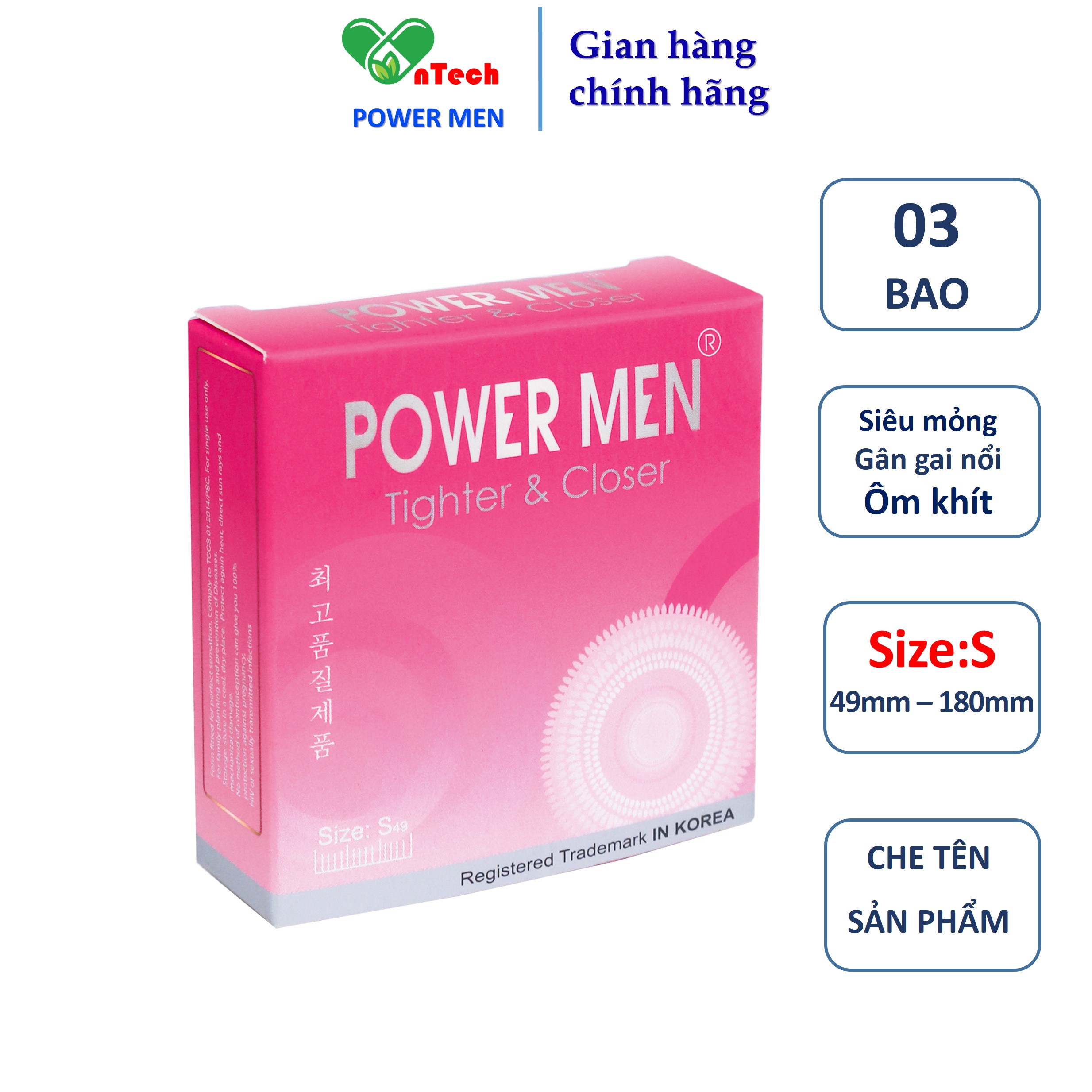 Bao cao su POWER MEN TIGHTER &amp; DOTTED dáng ôm khít 3D chống tuột thân có gân gai nổi tăng khoái cảm size nhỏ 49mm