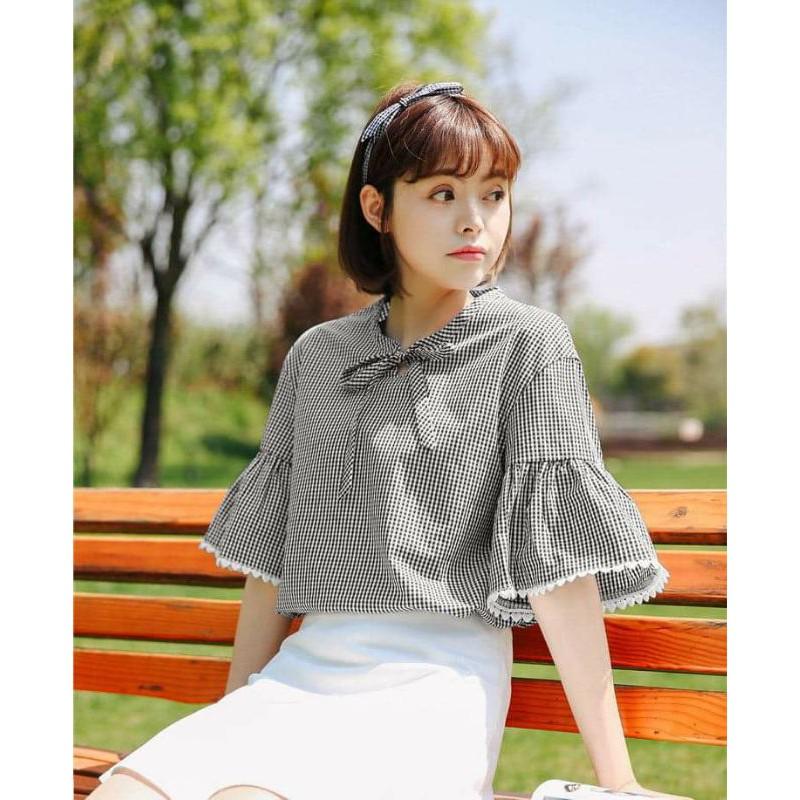 Áo kiểu nữáo kẻ caro cổ buộc nơ