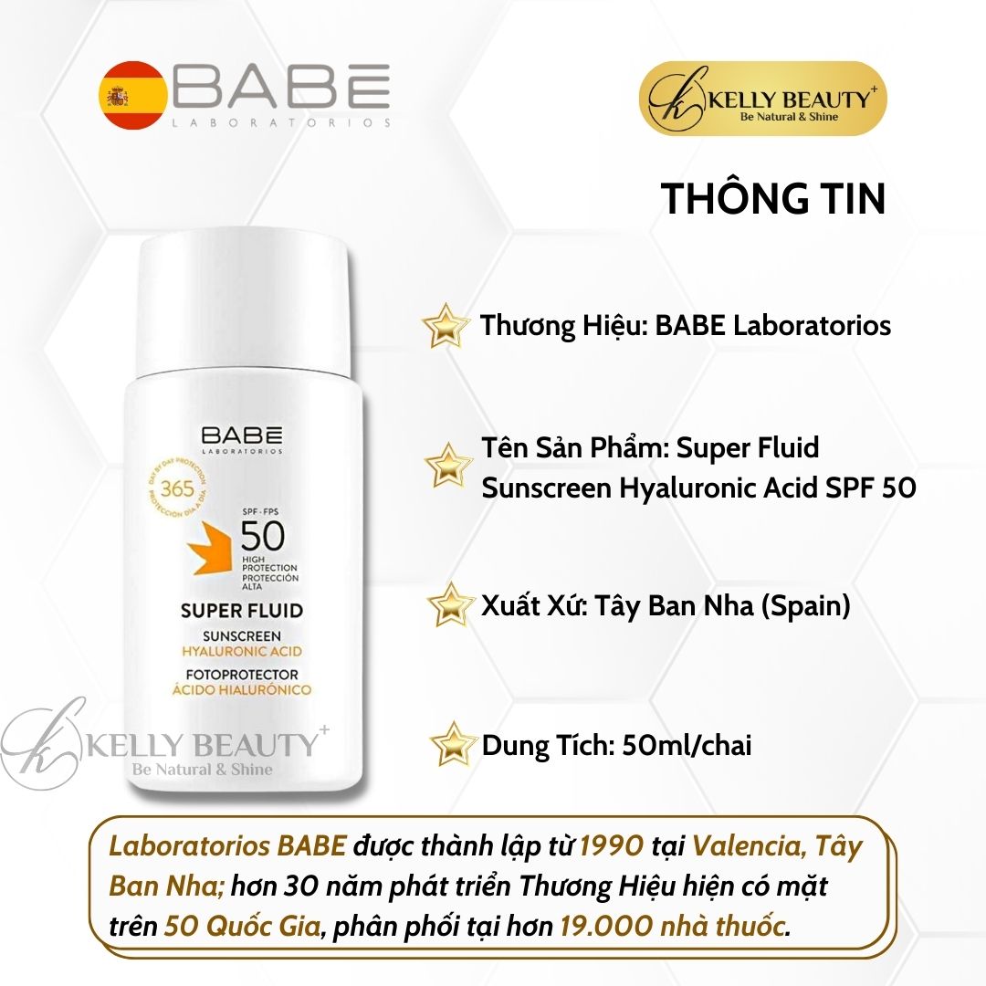 Kem Chống Nắng Dưỡng Ẩm BABE Super Fluid Sunscreen SPF 50 - Chống Tác Hại Tia UVA,UVB; Chống Trôi | Kelly Beauty