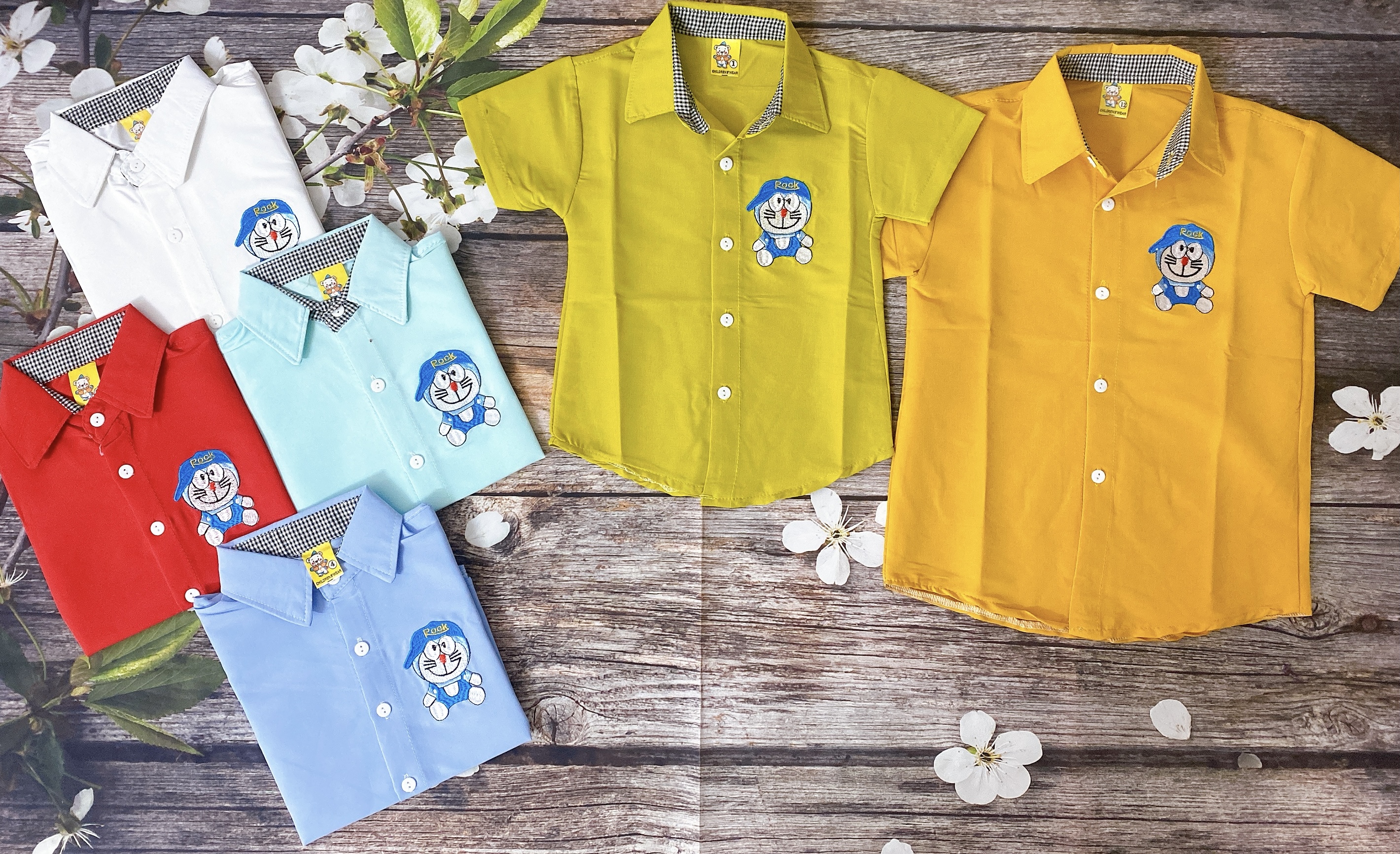 Áo Sơ Mi Bé Trai Size 10Kg-22Kg, 1-7 Tuổi Thêu Hình Đoraemon, Áo Tay Ngắn Chất Đẹp