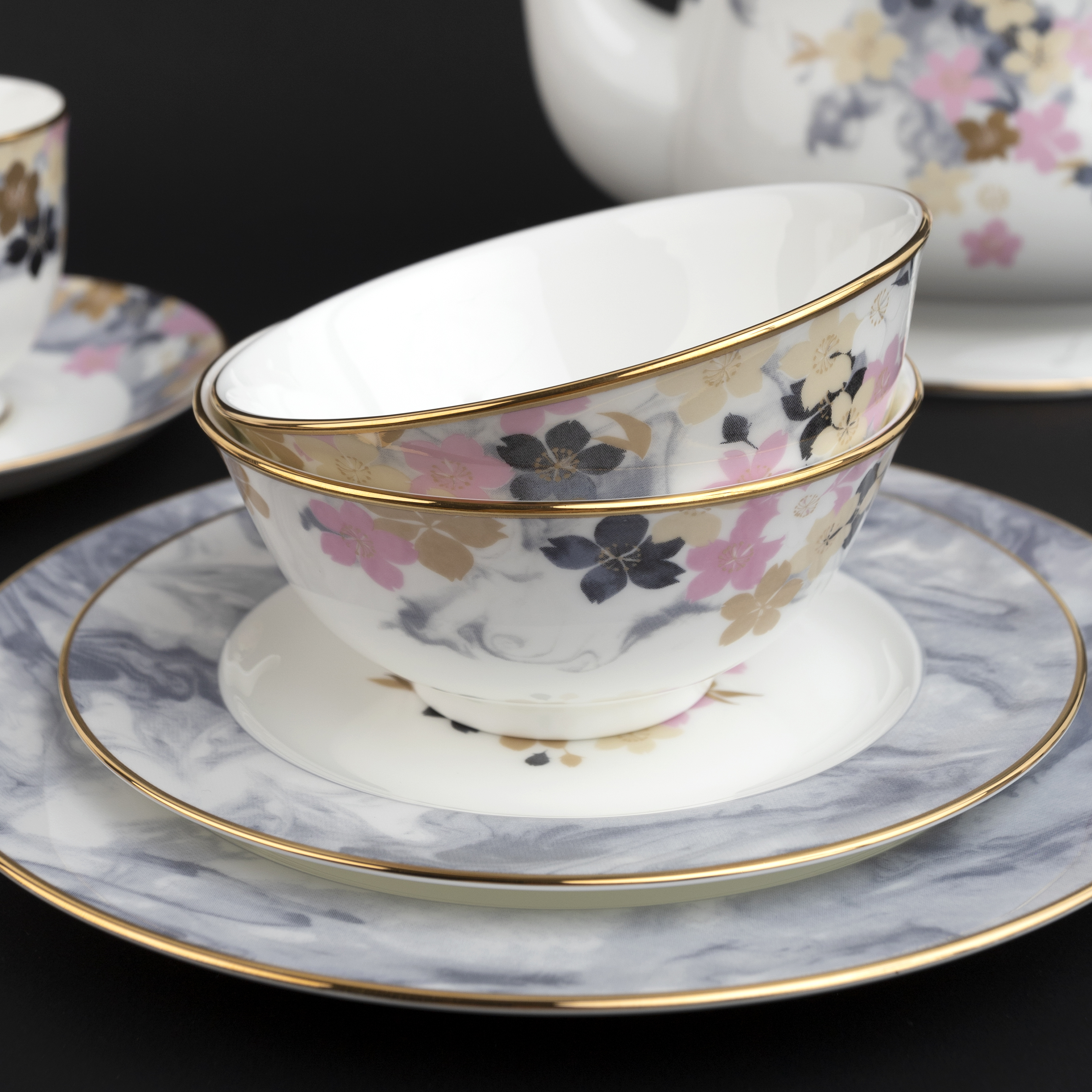 Bộ Bàn Ăn Châu Á Cơ Bản 22 Món Noritake dòng Moonlit Blossoms Sứ xương cao cấp (4969L - D024AN)