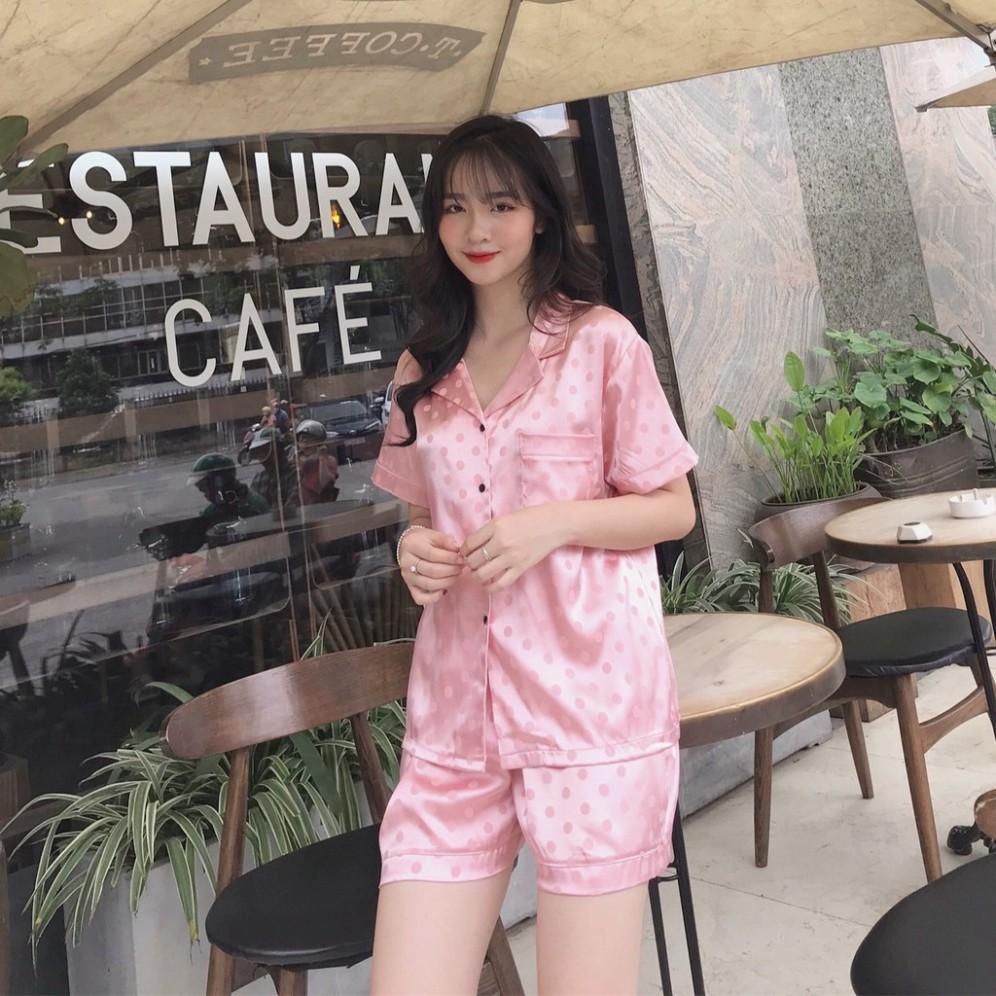 Freeship Đồ ngủ pijama lụa gấm chấm bi cộc đùi