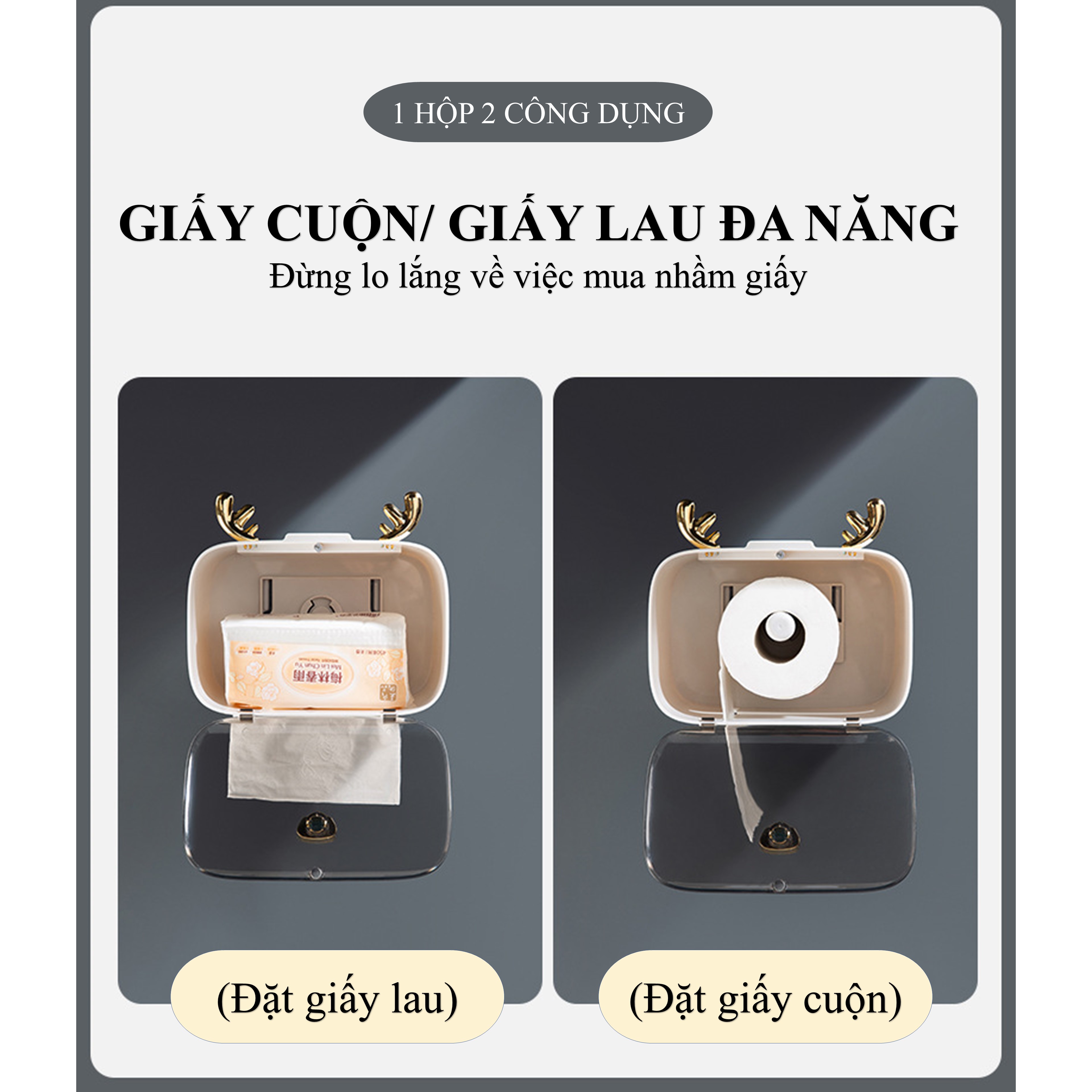 Hộp nhựa PP đựng khăn giấy nhà vệ sinh sang trọng - cửa kính trong suốt - có ngăn đựng đồ lớn - Có gắn móc gạc nai treo trang sức
