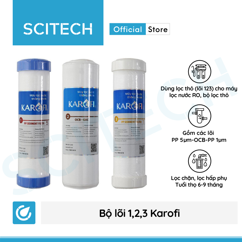 Bộ lõi 123 by Scitech (Lõi PP5-OCB-PP1 dùng thay thế máy lọc nước Karofi) - Hàng chính hãng